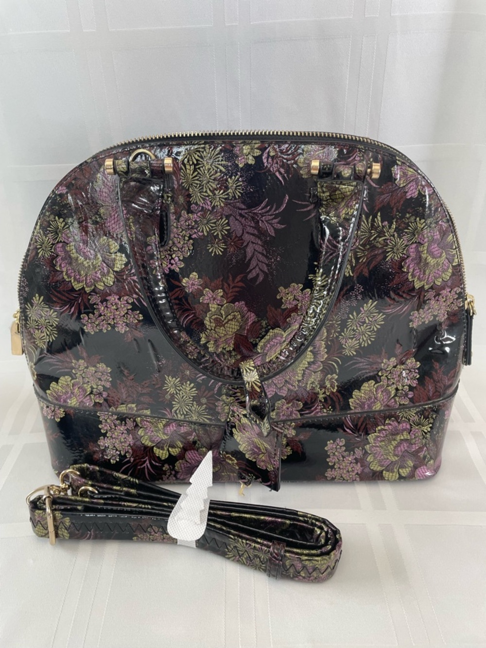JustFab Floral Patent Dome Satchel Bag w/ Strap Black Pink Gold Structured Purse